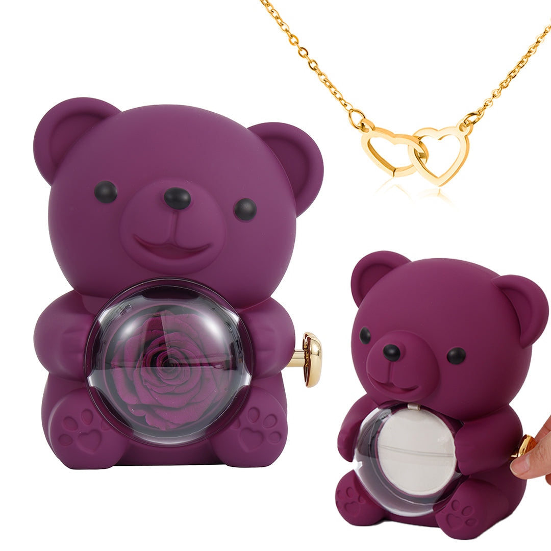 Coffret Ourson avec Collier Gravé & Rose Éternelle