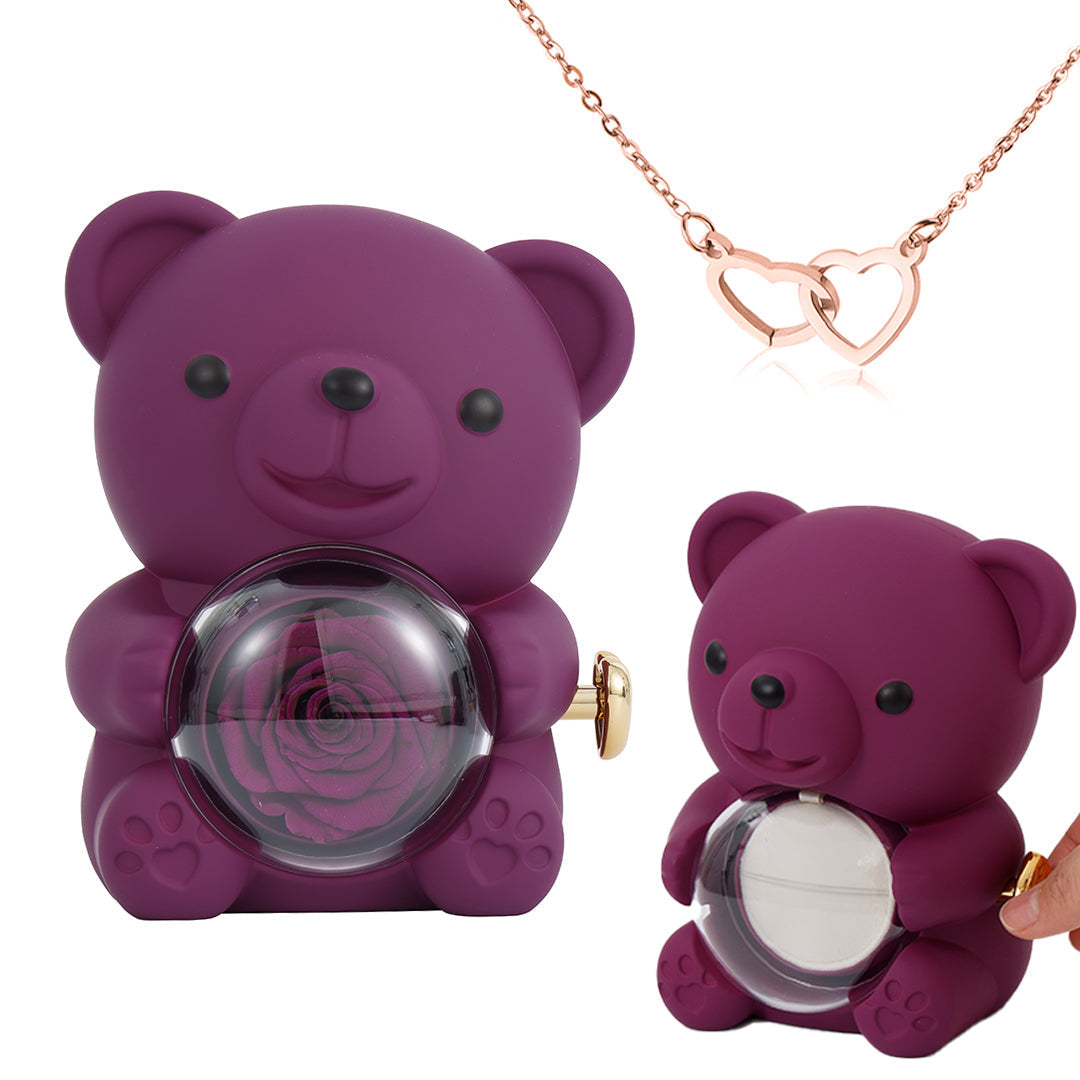 Coffret Ourson avec Collier Gravé & Rose Éternelle